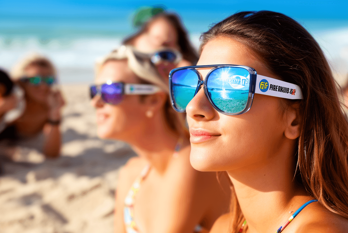 personnes portant des lunettes de soleil publicitaires sur la plage